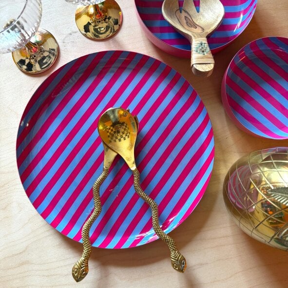 Love Frankie Large Circular Stripy Trays - 5 Colours Available - Large Stripy Plate in Powder Blue and Hot Pink
