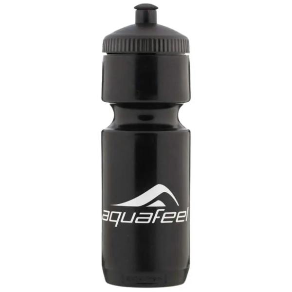 Black Aquafeel water bottle with white logo and screw-on cap