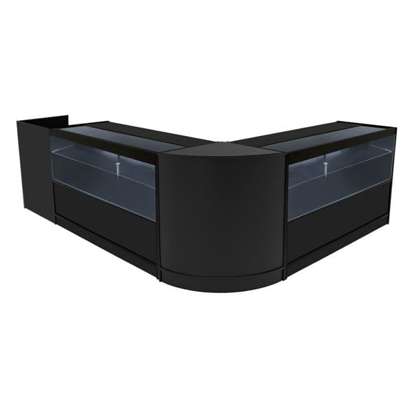 Black Phoenix LED Shop Counter Set featuring sleek curved design, glass display sections, and modern finish, ideal for retail spaces