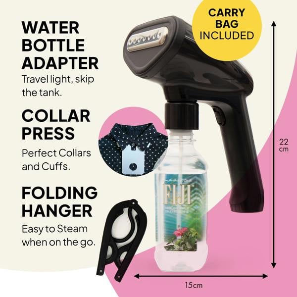 The Fridja Commercial Garment Care Trio includes the f1600 Steamer, f10 Handheld with detachable water bottle adapter, folding hanger, collar press, and a carry bag—ideal for travel or commercial use. Compact at 22cm tall and 15cm wide.