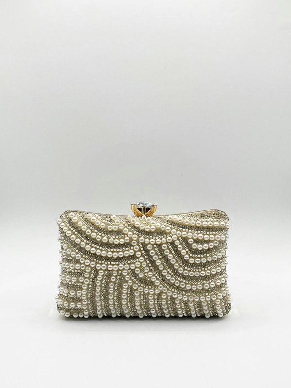 SVNX Luxurious Gold Pearl Embellished Clutch Bag