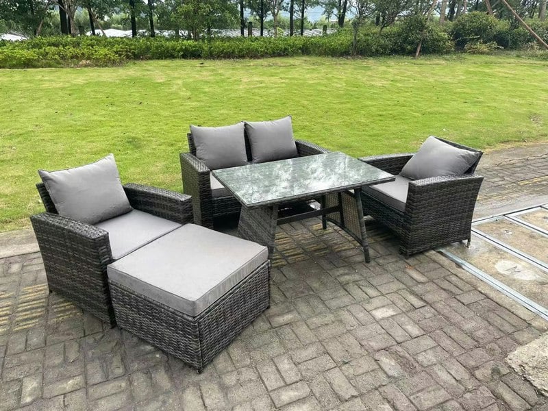 Fimous 5 Seater Outdoor Dark Grey Mixed High Back Rattan Sofa Dining Table Set Garden Furniture Big Footstool