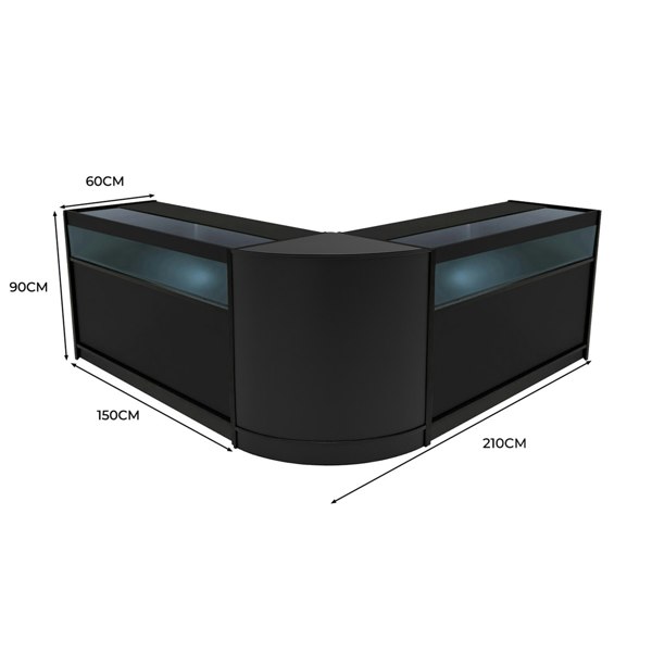 Black Iris LED shop counter set featuring a sleek, modern design with two display sections, measuring 210cm wide and 90cm tall