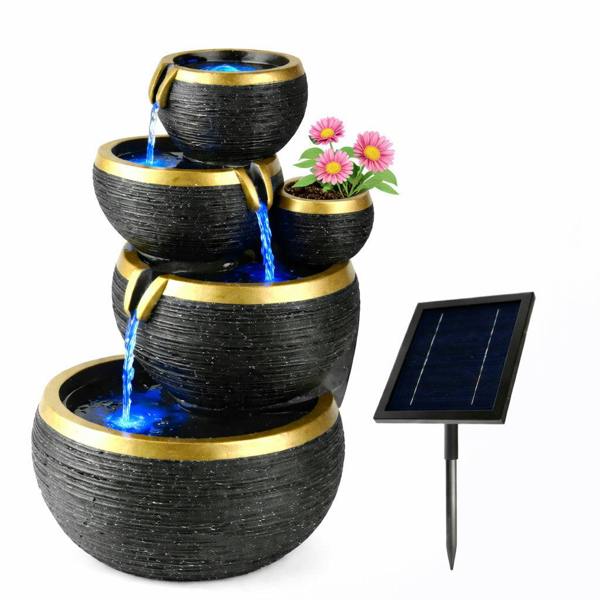 Gardenwize Black and Gold 4-Tier Cascading Solar Water Feature with Battery Backup and LED Lights