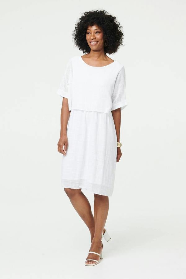 White | Mesh Textured Layered Midi Dress