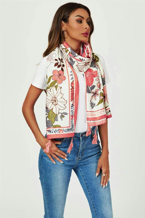 FS Collection Tropical Floral Print Tassel Scarf In Pink