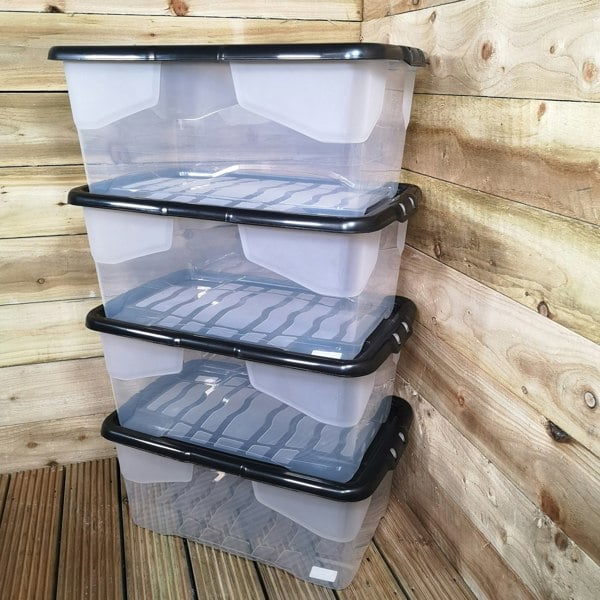 Samuel Alexander 4 x 42L Clear Storage Box with Black Lid, Stackable and Nestable Design Storage Solution