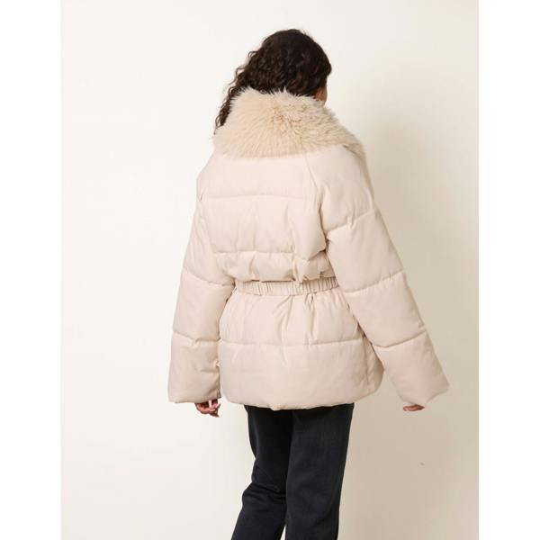 Blue Vanilla Shawl Faux Fur Collar Belted Short Puffer
