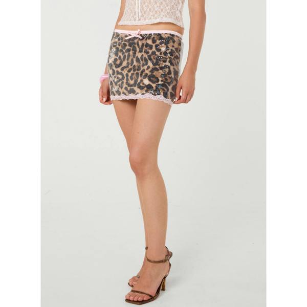 Pink Vanilla Leopard Sequin Lace Hem Mini Skirt
