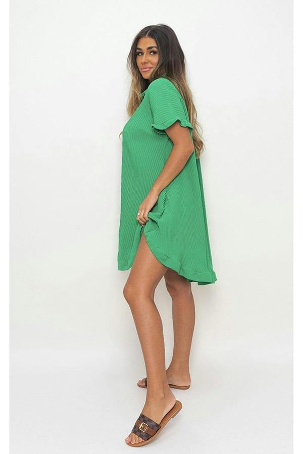 Prisha Button Down Oversized Ruffle Short Sleeve Mini Dress - Green