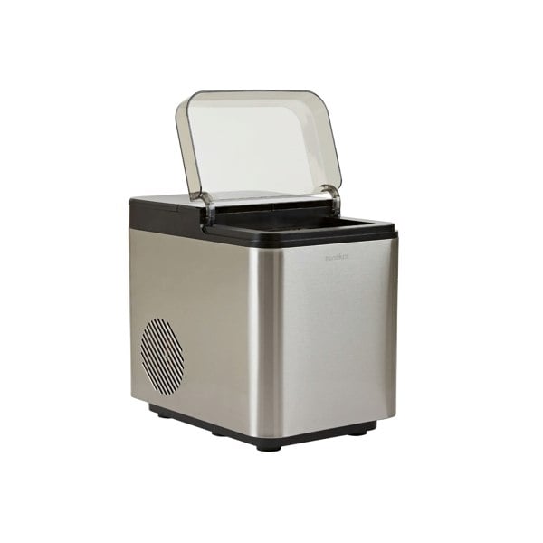 An image of a stainless, chrome steel Senelux Compact Ice Maker with a clear, tinted lid for the ice bucket.