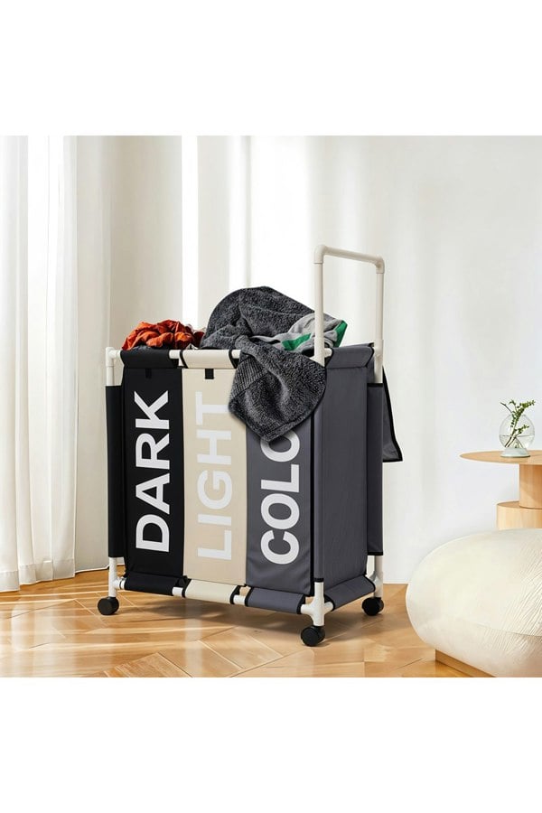 Living and Home 110L 3-Section Laundry Basket with Lid and Wheels