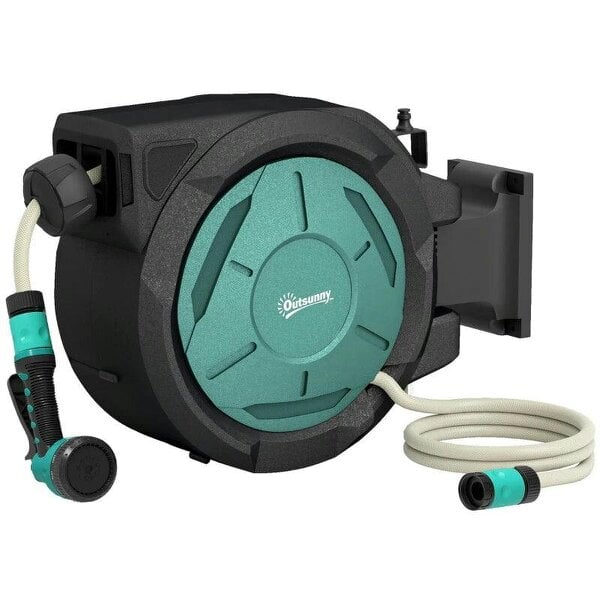 Bobobiy Retractable Hose Reel Wall Mounted, 20+2m Garden Hose Pipe Reel with Lock, 7 in 1 Spray Nozzle, 180° Swivel, 54 x 20 x 39 cm, Black