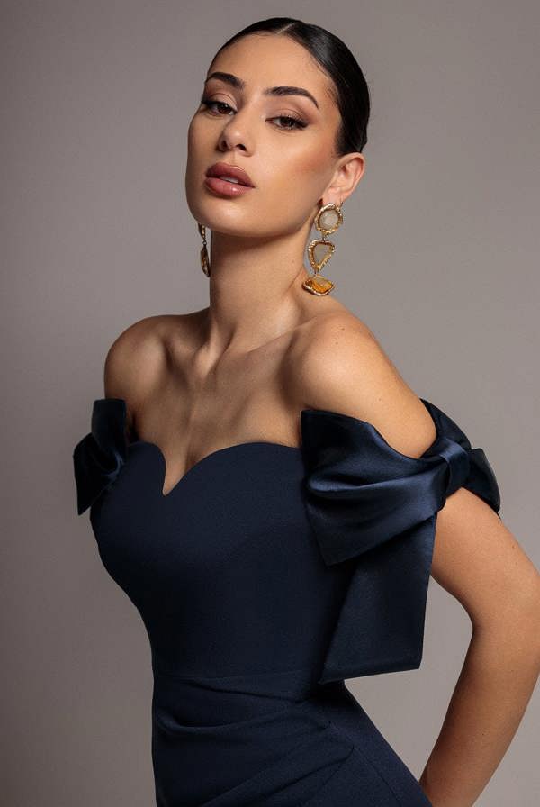 Satin Bow Bardot Sheath Maxi Dress - Navy Blue DR4999