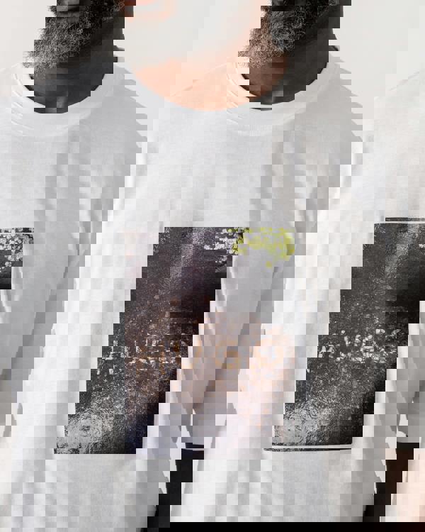 detail shot of a model wearing a HUGO Doreston Mens Graphic T-Shirt in White