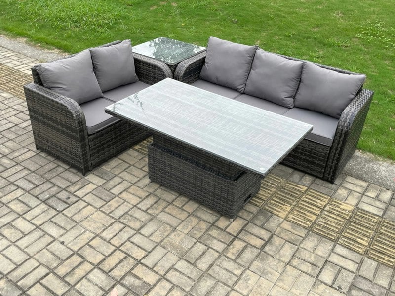 Fimous Outdoor Rattan Garden Furniture Sets Height Adjustable Rising lifting Dining Table Lounge Sofa Set With Side Table Dark Grey Mixed
