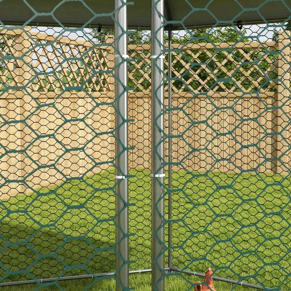 Chicken run wire mesh with vertical steel posts and door latch hardware