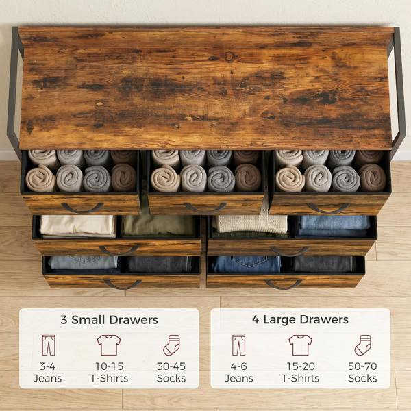 HOMCOM 7 Drawer Chest of Drawers with Top Shelf and Steel Frame Rustic Brown