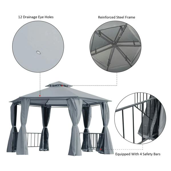 Grey hexagon gazebo canopy with reinforced steel frame and safety bars, side window mesh