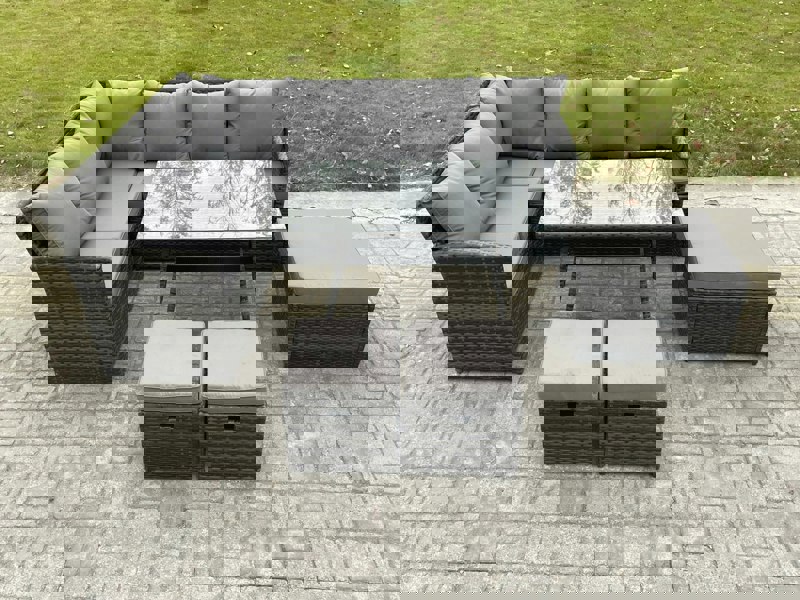 Fimous Wicker Rattan Garden Furniture Corner Sofa Set with Oblong Dining Table 3 Footstools 9 Seater Outdoor Rattan Set Dark Grey Mixed