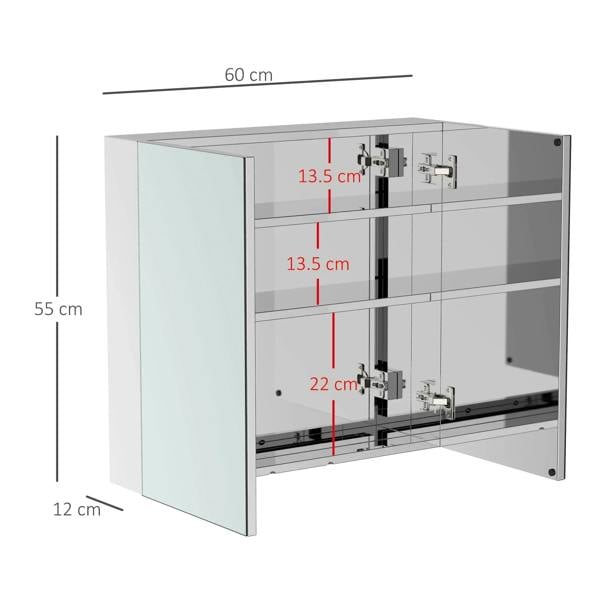 Stainless steel bathroom mirror cabinet with double doors, side and internal dimensions