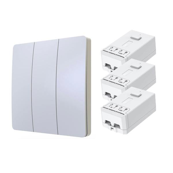 Ener-J 3-Gang Wireless Kinetic Light Switch, White, Self-Powered, IP65 Waterproof (Pro Series) with 3 X 500W RF Non-Dimmable Receiver Module