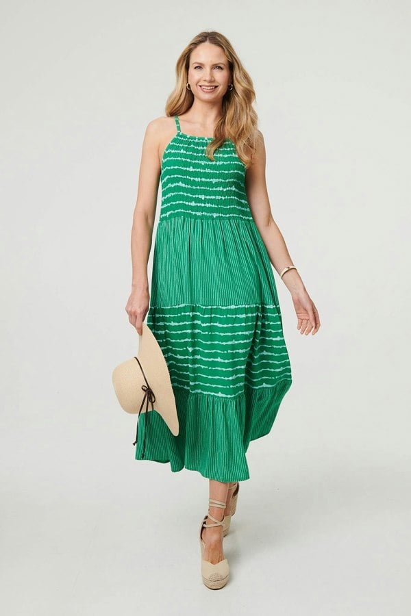 Green | Striped Ruched Texture Tiered Midi Dress
