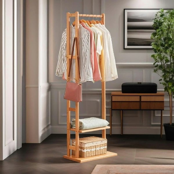 Rafaelo Mobilia Narrow Bamboo Clothes Rail With 2 Shelves