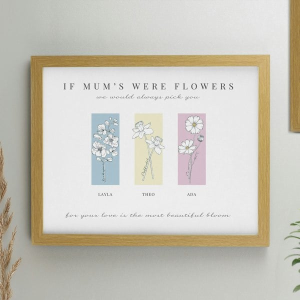 Personalised Memento Company Personalised Birth Flower Family of 3 Oak Framed Print