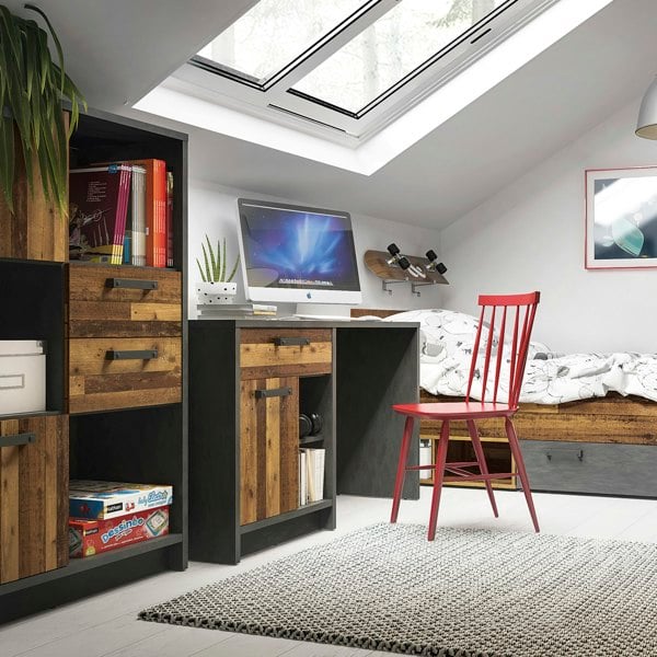 Furniture To Go Brooklyn Low Bookcase with 2 Doors and 2 Drawers in Walnut and Dark Matera Grey