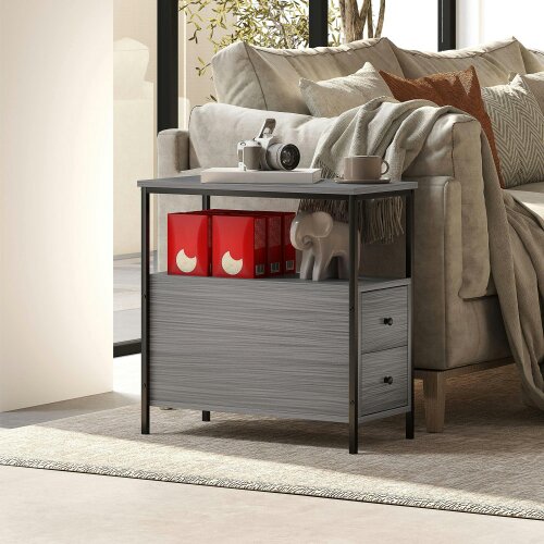 Wyld Haus Loto Wooden Grey Wood Effect Narrow Bedside Table With 2 Drawers And Top Shelf