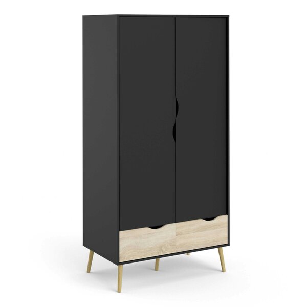 Wyld Haus Sapporo Black and Natural Oak Wardrobe 2 Doors 2 Drawers