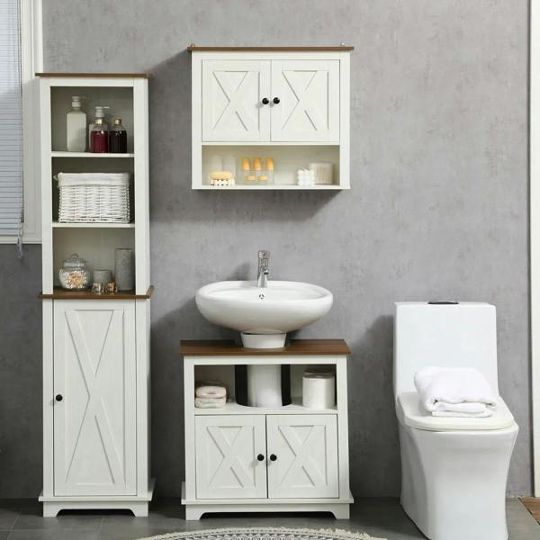 White bathroom vanity set with under-sink cabinet doors and shelf area beneath a sink