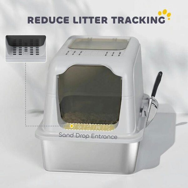 Extra Large Stainless Steel Litter Box, Enclosed Cat Litter Tray with Scoop, Deodorizer Bag, Front-Entry and Top-Exit