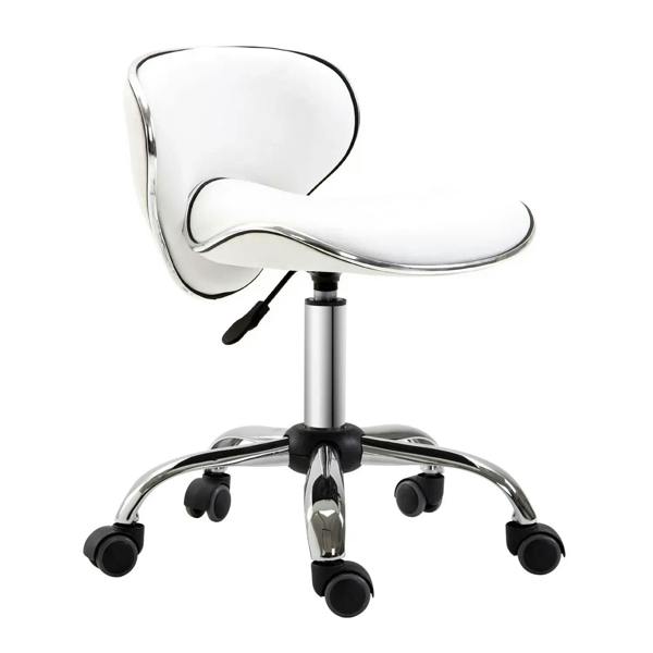 White salon swivel chair with curved armrests, chrome ring base, and casters.