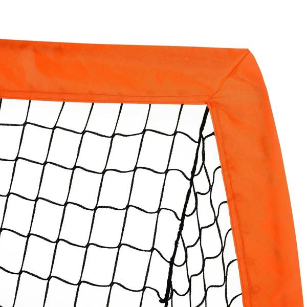 Close-up of white mesh netting attached to orange frame corner with black ties