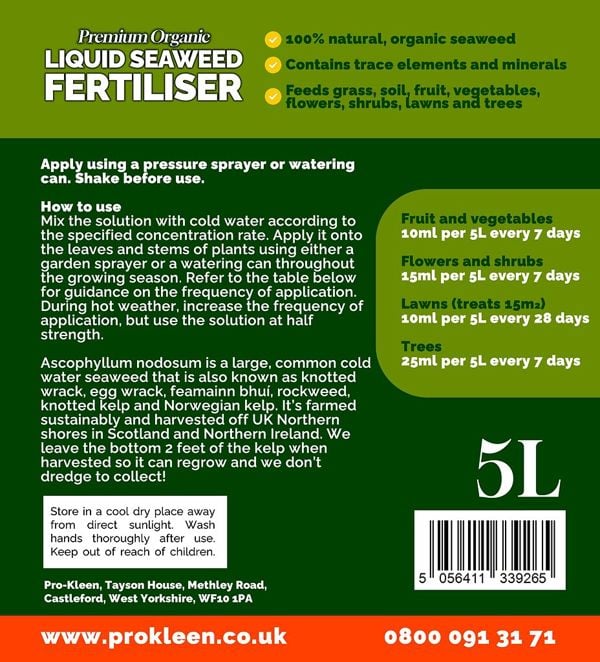 ProKleen Pro-Kleen 10L Liquid Seaweed Fertiliser Ascohyllum Seaweed Extract for Grass Vegetables Fruit Flowers Shrubs Lawns Trees