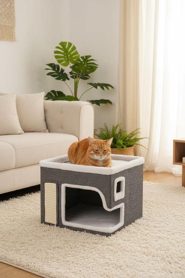 2-in-1 Cat House with Scratch Pad and Fluffy Ball