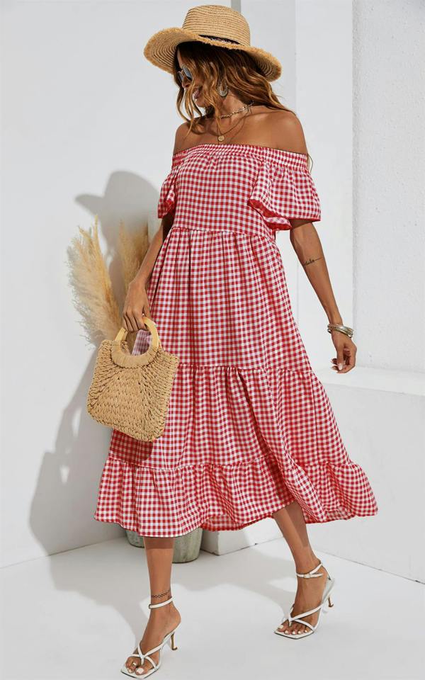 FS Collection Relaxed Off Shoulder Bardot Frill Midi Dress In Red