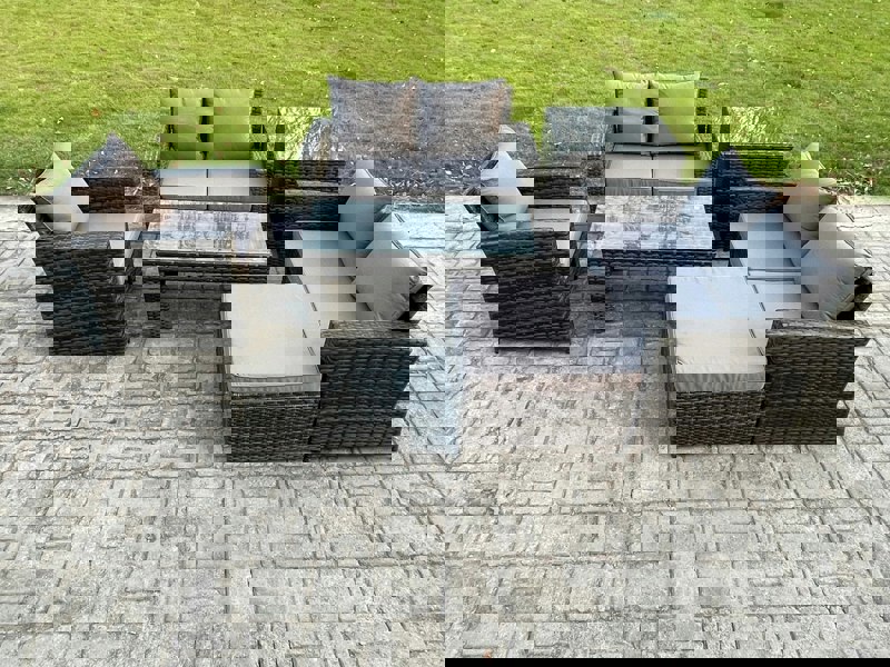 Fimous 6pcs Rattan Outdoor Garden Furniture Sofa Set with Coffee Table Big Footstool Side Table Dark Grey Mixed