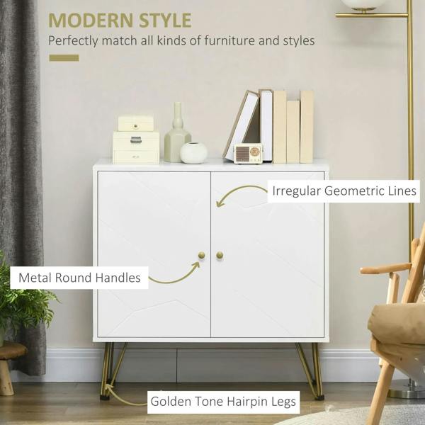 White sideboard cabinet with two doors, geometric detailing, and brass-tone hairpin legs