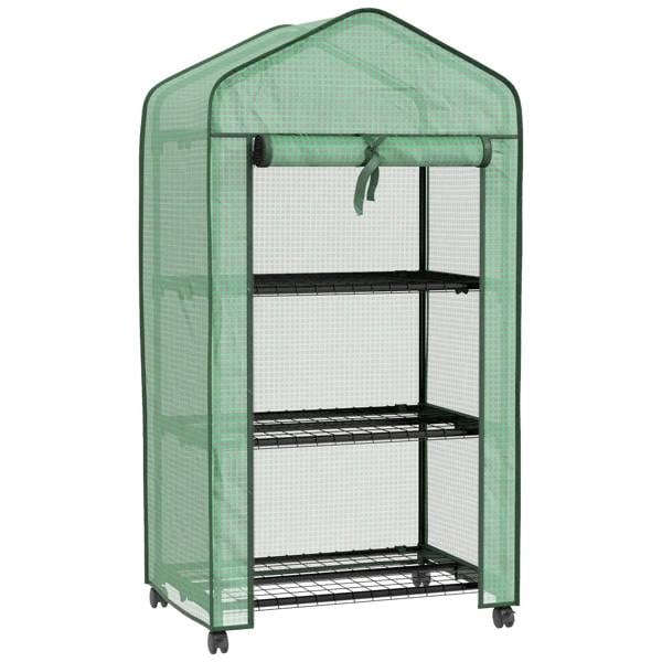 Green three-tier mini greenhouse with black wire shelves and roll-up door, enclosed cover