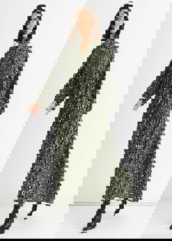 Gini London Khaki Viscose Animal Oversized Smock Maxi Dress