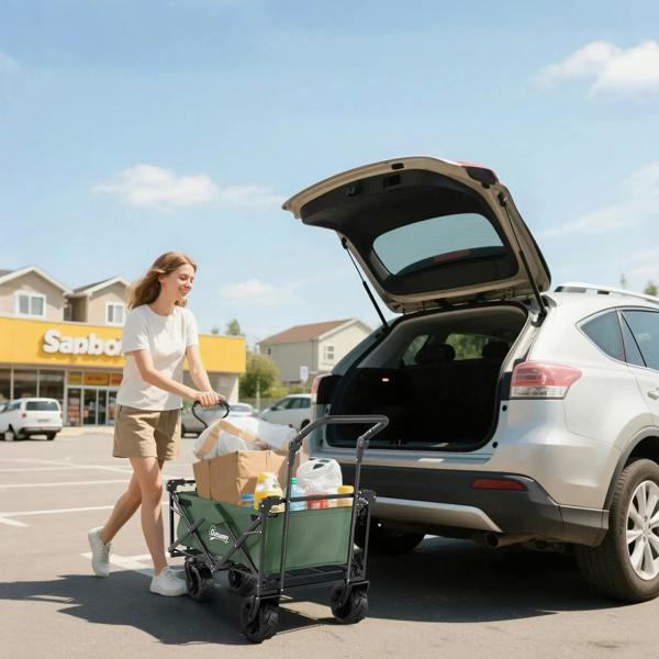 Green folding trolley cart with handle and open storage bed, shown in car trunk