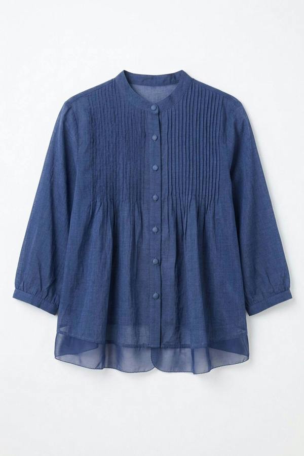 Navy | Layered Semi Sheer Pleat Front Blouse
