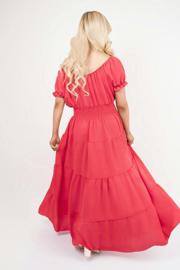 Emmy Smocked Waist Tiered Midi Dress - Red