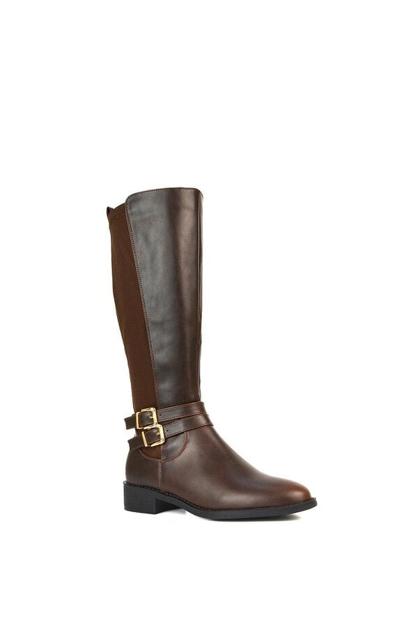 XY LONDON Flat Heel Zip Up Knee High Stretchy Boots With Buckle