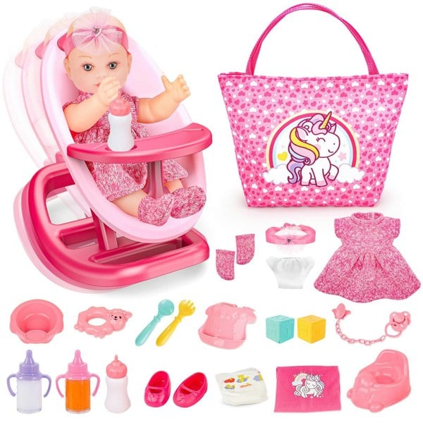 deAO Toys 2 in 1 Baby Doll Playset 20pcs Multi Functional Baby Doll Set Upgrade Baby Rocker Chair with Handbag Feeding Nursery Pretend Play Toy