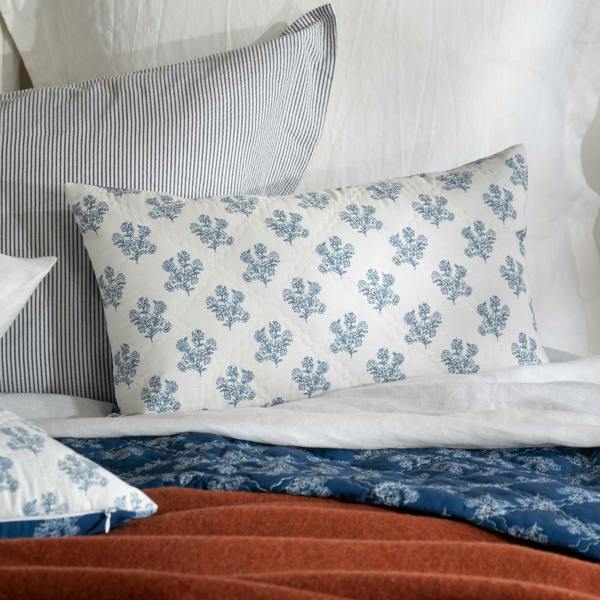 Midnight Blue Reversible Floral Print Bedspread - white, close-up detail 4 | Soak and Sleep