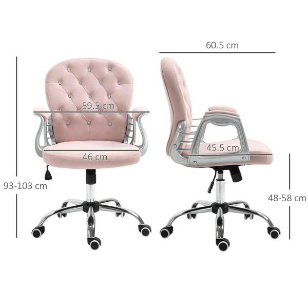 Pink velvet swivel chair with tufted back, armrests, and chrome rolling base